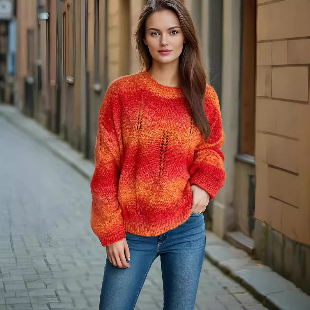 Damen lässiger Strickpullover mit modernem Lochmuster und voluminösen Ärmeln R&B