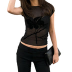 Damen transparente Mesh-Bluse mit floralem Druck R&B
