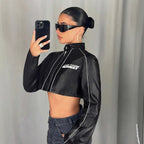 Damen cropped Kunstlederjacke mit sportlichen Zierelementen R&B