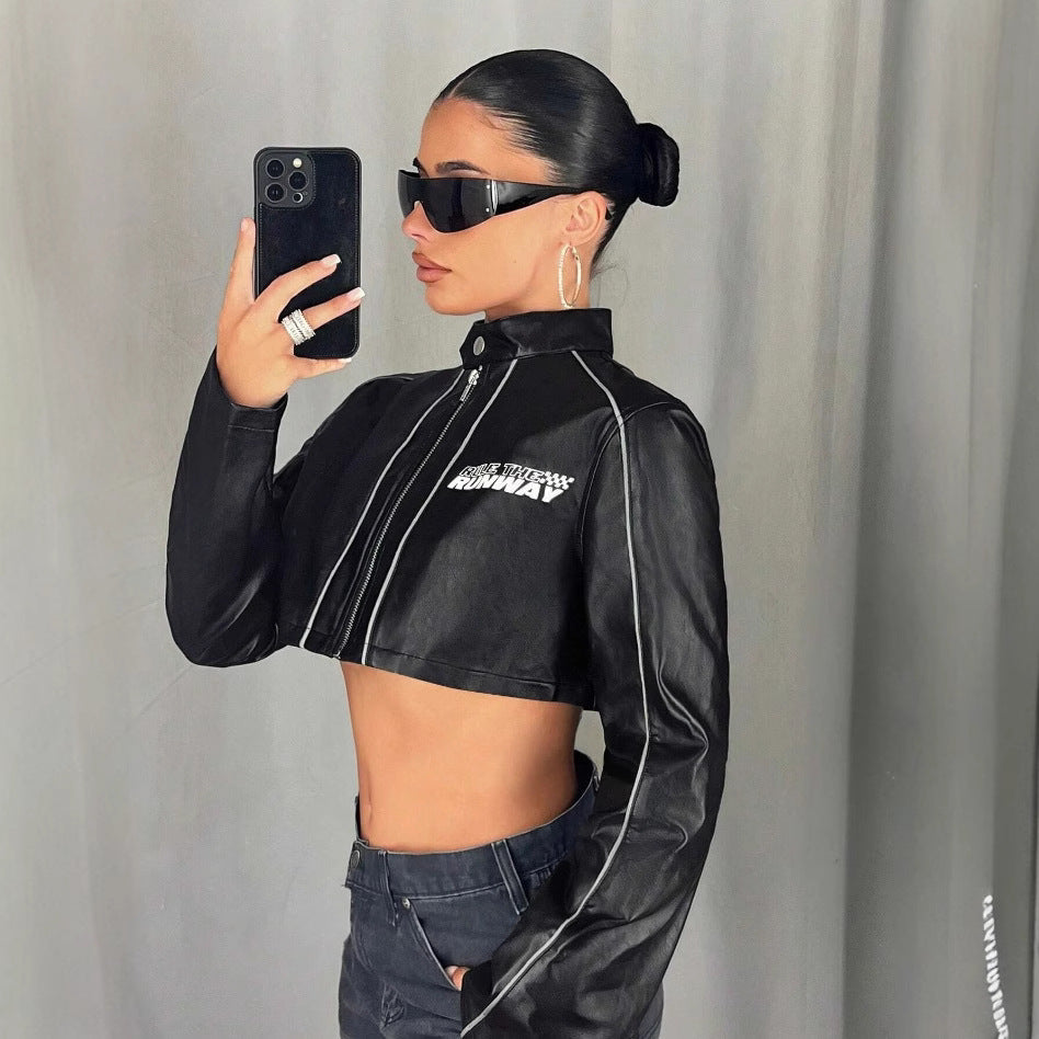 Damen cropped Kunstlederjacke mit sportlichen Zierelementen R&B