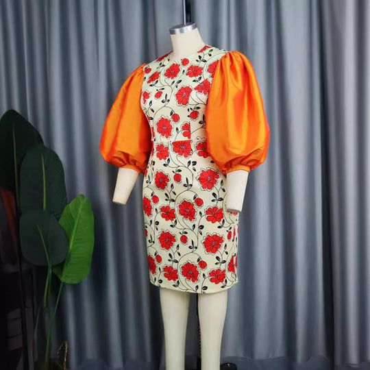 Damen figurbetontes Kleid mit voluminösen Puffärmeln und floralem Design R&B