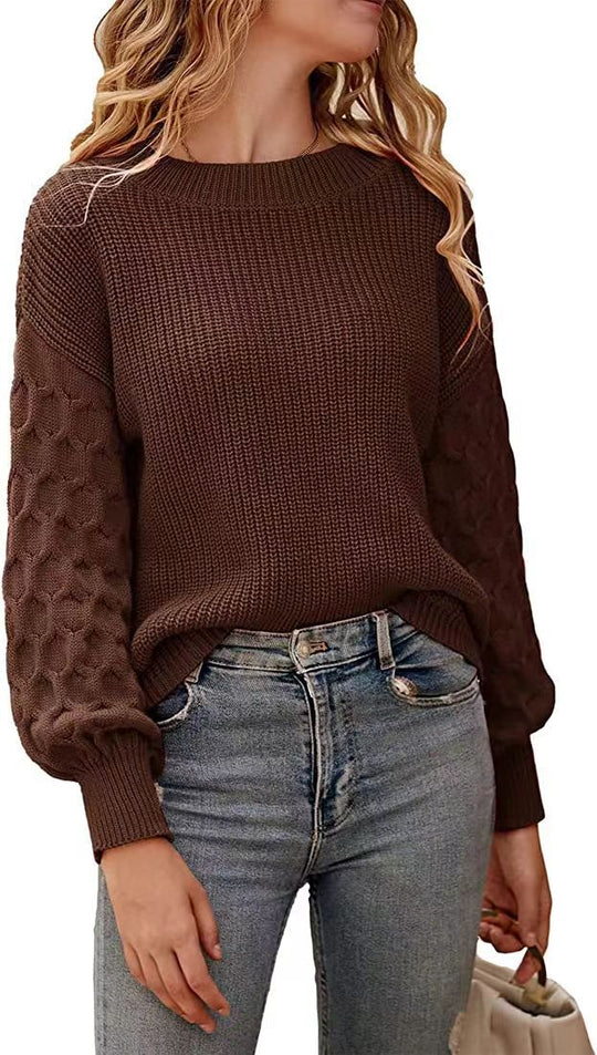 Damen modischer Strickpullover mit strukturierten Ärmeln und Rundhalsausschnitt R&B