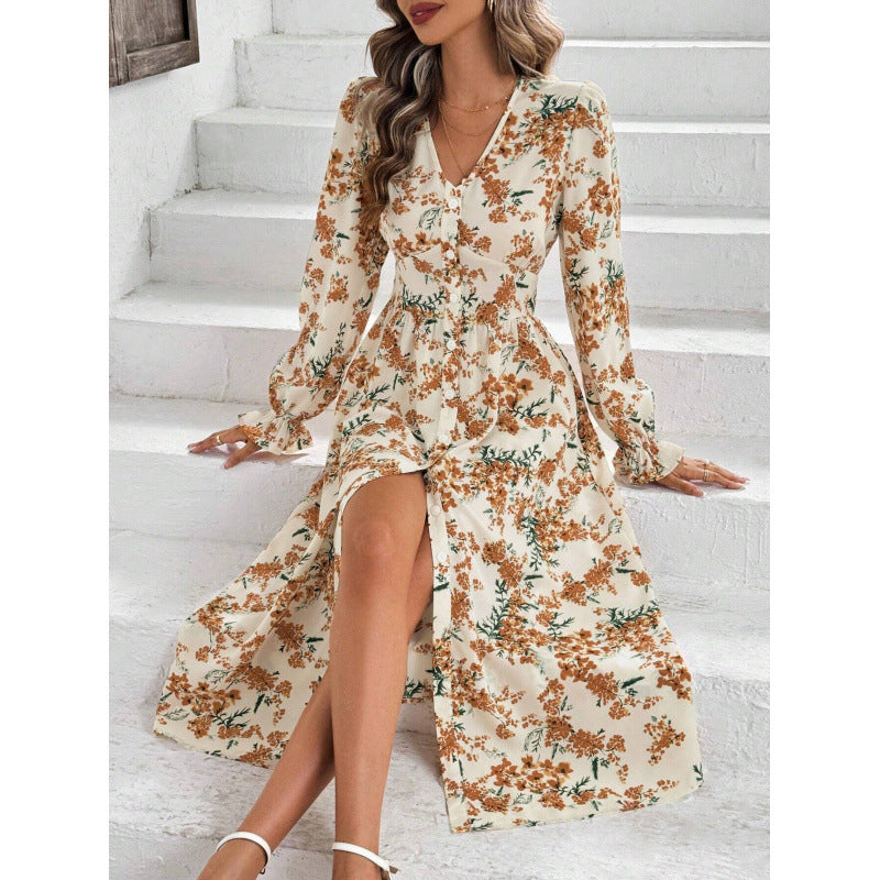 Damen Maxi-Kleid mit floralen Mustern und langem Arm R&B