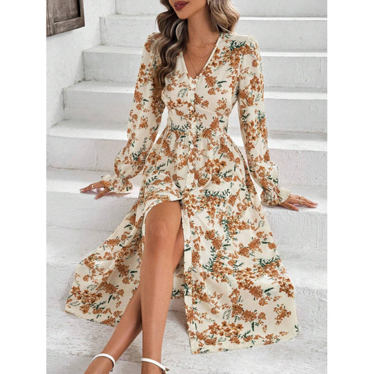 Damen Maxi-Kleid mit floralen Mustern und langem Arm R&B