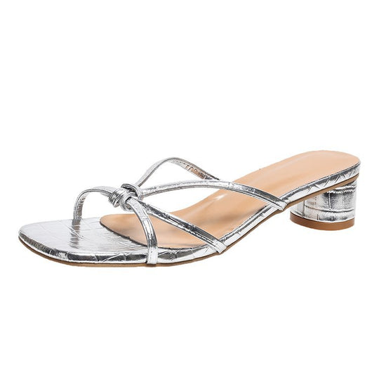 Damen elegante Sandaletten mit metallisch glänzendem Obermaterial und quadratischer Spitze R&B