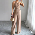 Damen bodenlanger Jumpsuit mit raffiniertem Wickeldesign und eleganter Bundnaht EB
