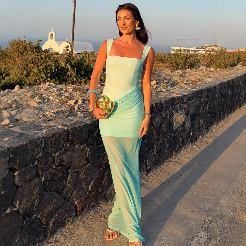 Damen Elegantes Maxikleid mit raffinierten Drapierungen und transparentem Rock R&B