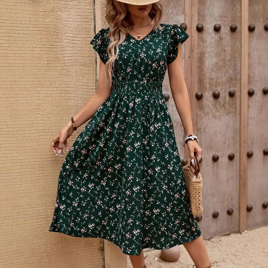 Damen Midikleid mit elastischem Tailleneinsatz und Rüschenärmeln R&B
