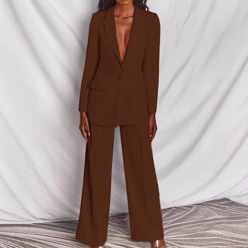 Damen nan taillierter Ein-Knopf-Blazer mit Pattentaschen und weiter Palazzo-Hose Hosenanzug R&B
