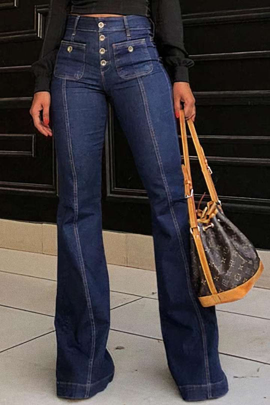 Damen Bootcut Jeans mit hohen Taillen und modischen Knopfdetails R&B