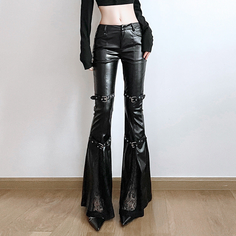 Damen Modische Kunstleder Flared Hose mit verstellbarem Bund R&B