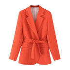 Damen taillierte Blazerjacke mit praktischen Taschen und Bindegürtel R&B