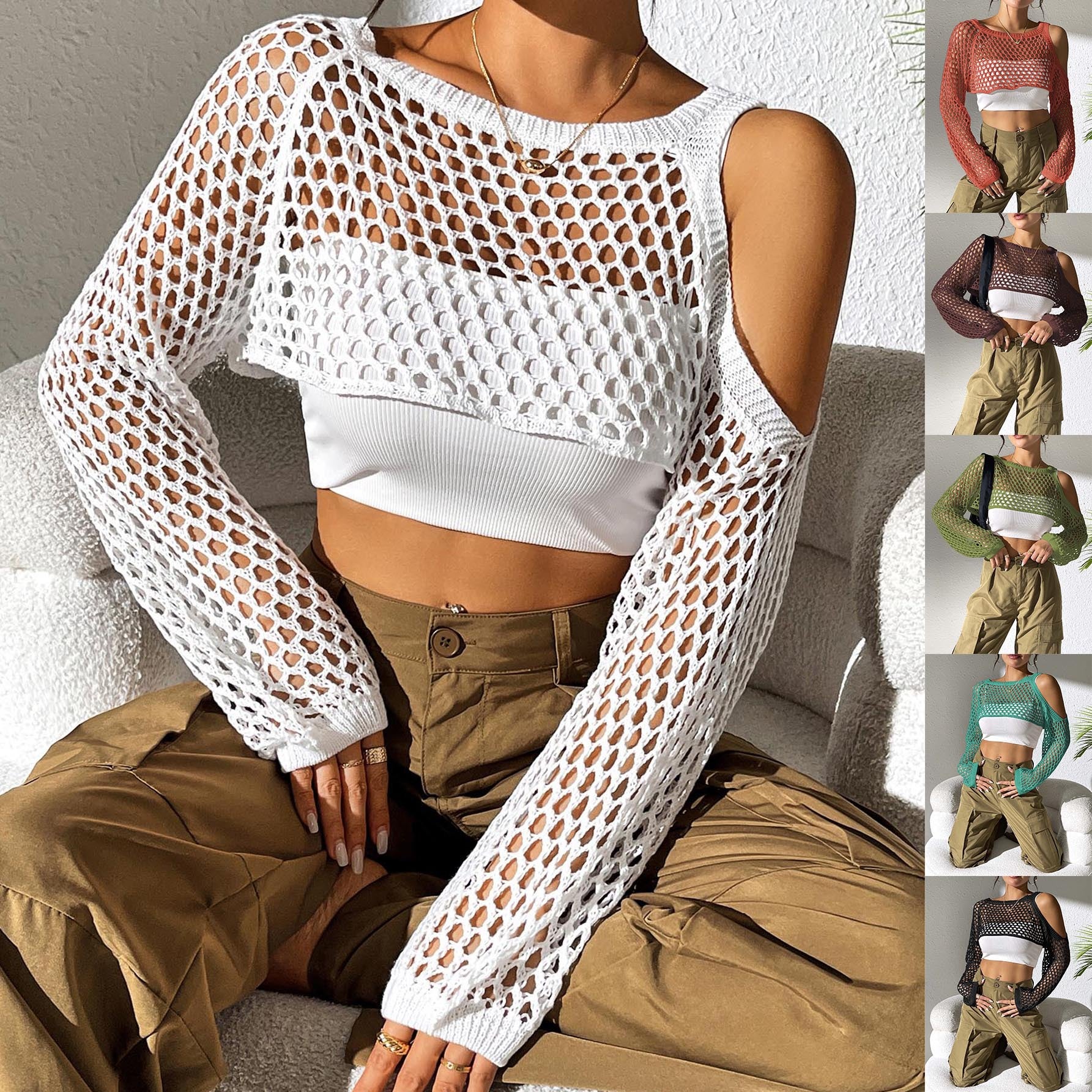Damen lässiger Netzpullover mit offenen Schultern R&B