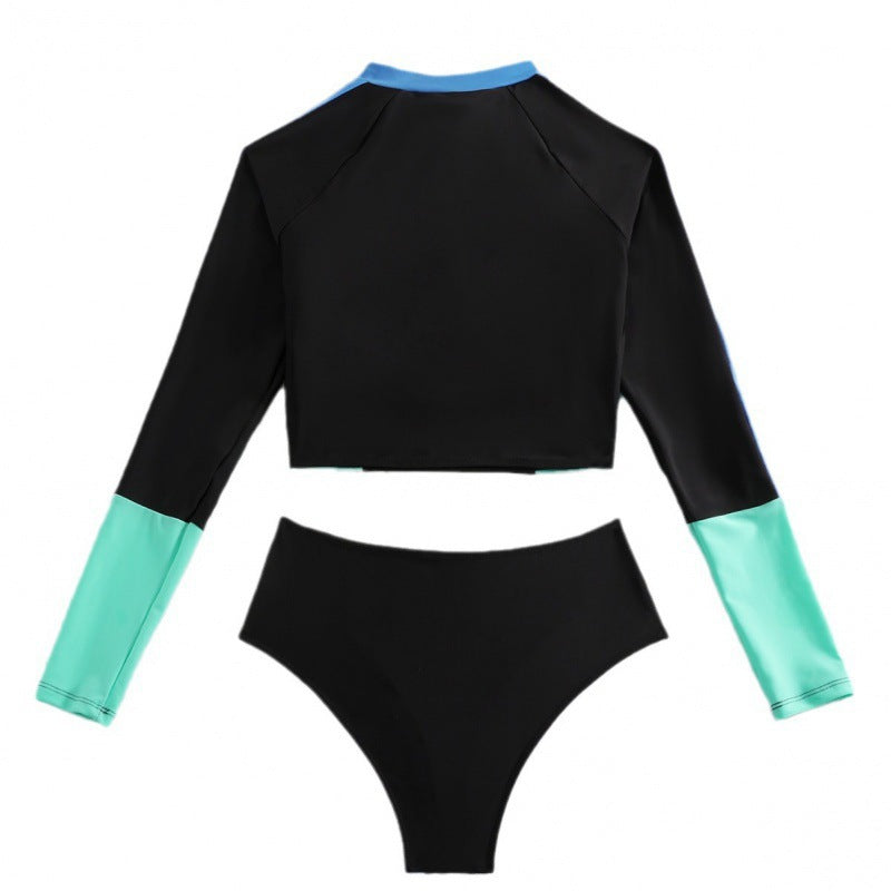 Damen Sportliches Langarm-Bikini-Set mit Zip und modischen Kontrastdetails R&B