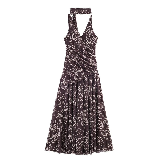 Damen Maxikleid mit floralem Rüschenversatz und elegantem V-Ausschnitt R&B
