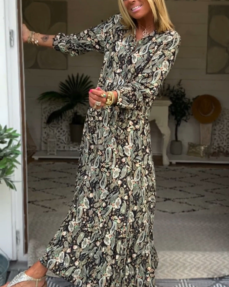 Damen nan Boho-Maxi-Kleid mit Paisley-Print, V-Ausschnitt, geraffter Taillenpasse und Volantstufen R&B
