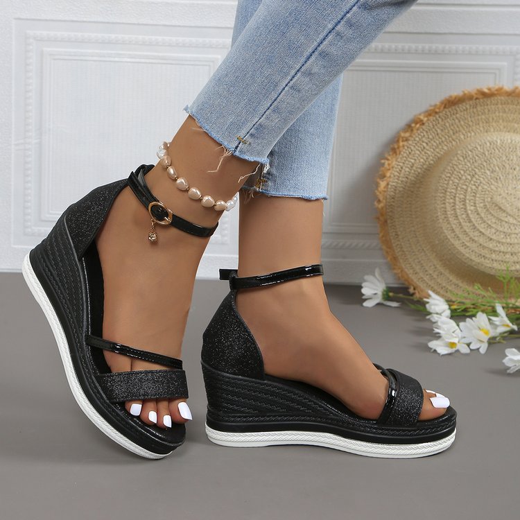 Damen Wedge-Sandalen mit glitzerndem Riemen und verstellbarem Fesselriemen R&B