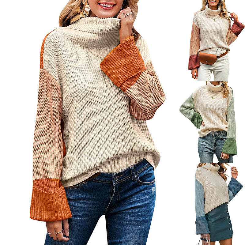 Damen Grobstrickpullover mit hohem Kragen und kontrastierenden Ärmeln R&B