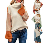 Damen Grobstrickpullover mit hohem Kragen und kontrastierenden Ärmeln