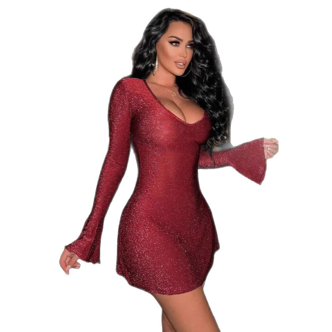 Damen elegantes Strickkleid mit tiefem V-Ausschnitt und ausgestellten Ärmeln R&B