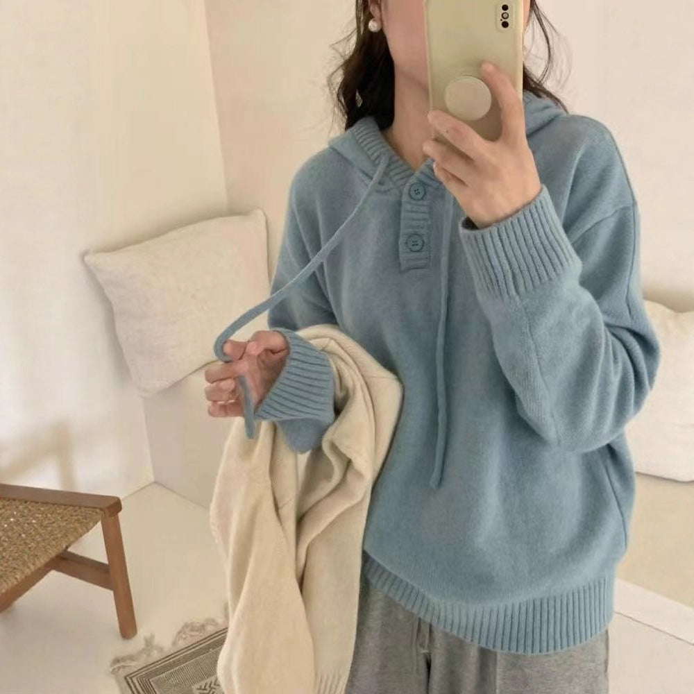 Damen Hoodie-Pullover mit Knöpfen und hohem Kragen R&B