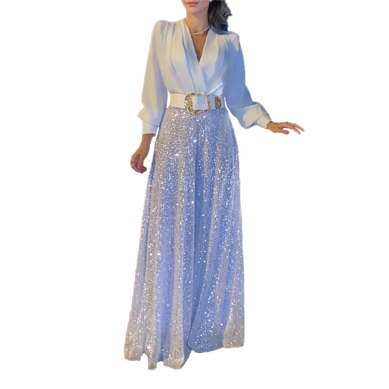 Damen elegante Overall mit funkelnden Pailletten und langem Schnitt R&B