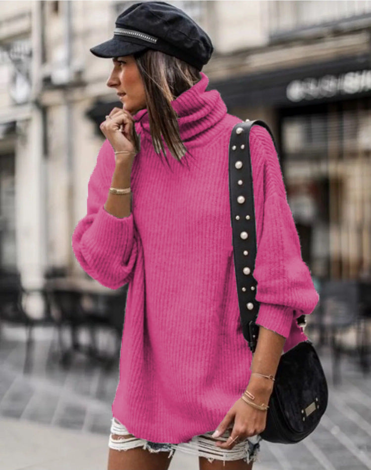 Damen oversized Strickpullover mit hohem Kragen und modischen Details R&B