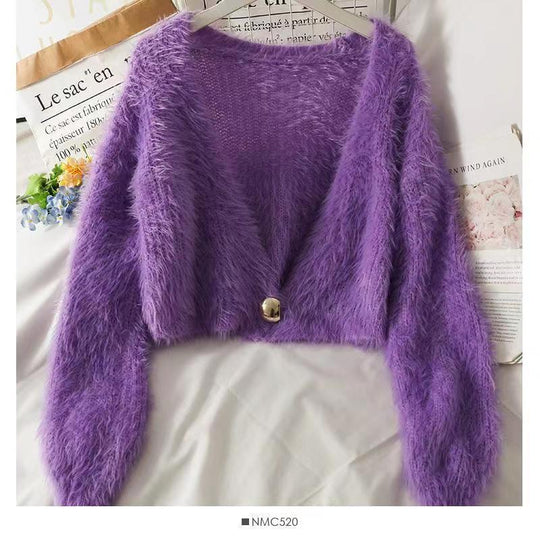 Damen Flauschige Kurzstrickjacke mit V-Ausschnitt und Knopfdetail R&B