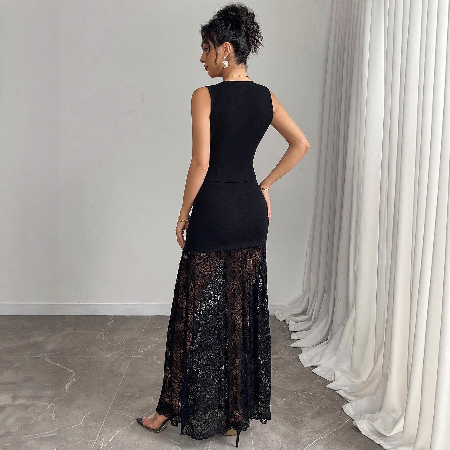 Damen nan zweiteiliges Abend-Set mit taillierter Weste und bodenlangem Spitzen-Overlay-Rock R&B