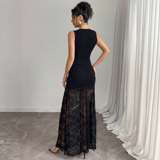 Damen nan zweiteiliges Abend-Set mit taillierter Weste und bodenlangem Spitzen-Overlay-Rock R&B
