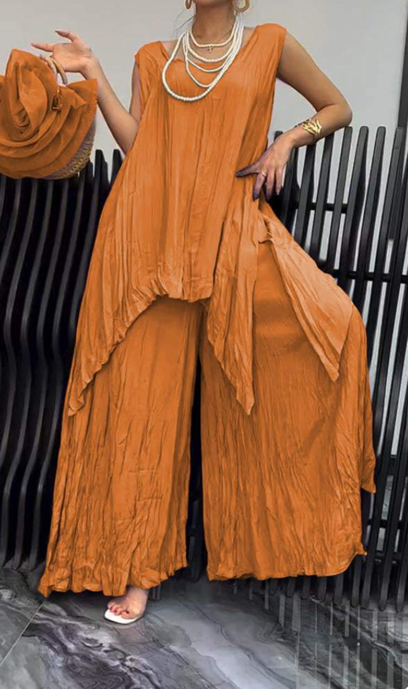 Damen nan luftiger Knitteroptik-Zweiteiler mit ärmelloser Tunika und weiter Palazzo-Hose R&B