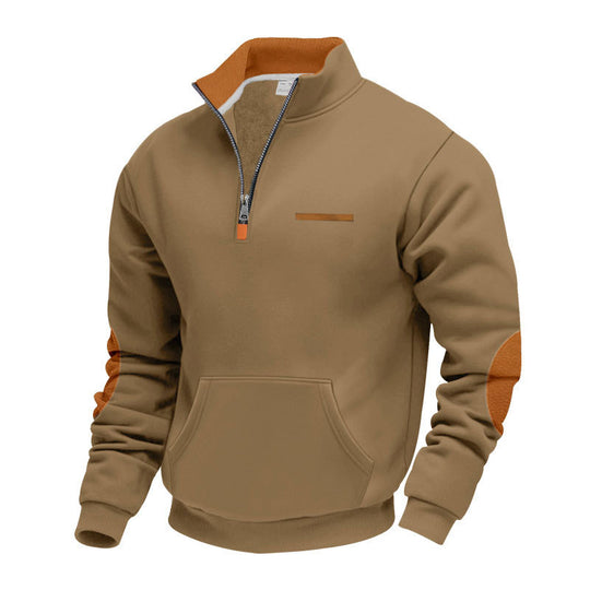 Herren nan Halbzip-Sweatpullover mit Stehkragen, Kängurutasche und Ellenbogenbesatz R&B