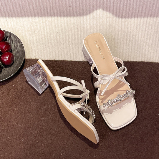 Damen glamouröse Sandalen mit funkelnden Strassdetails und transparentem Blockabsatz R&B
