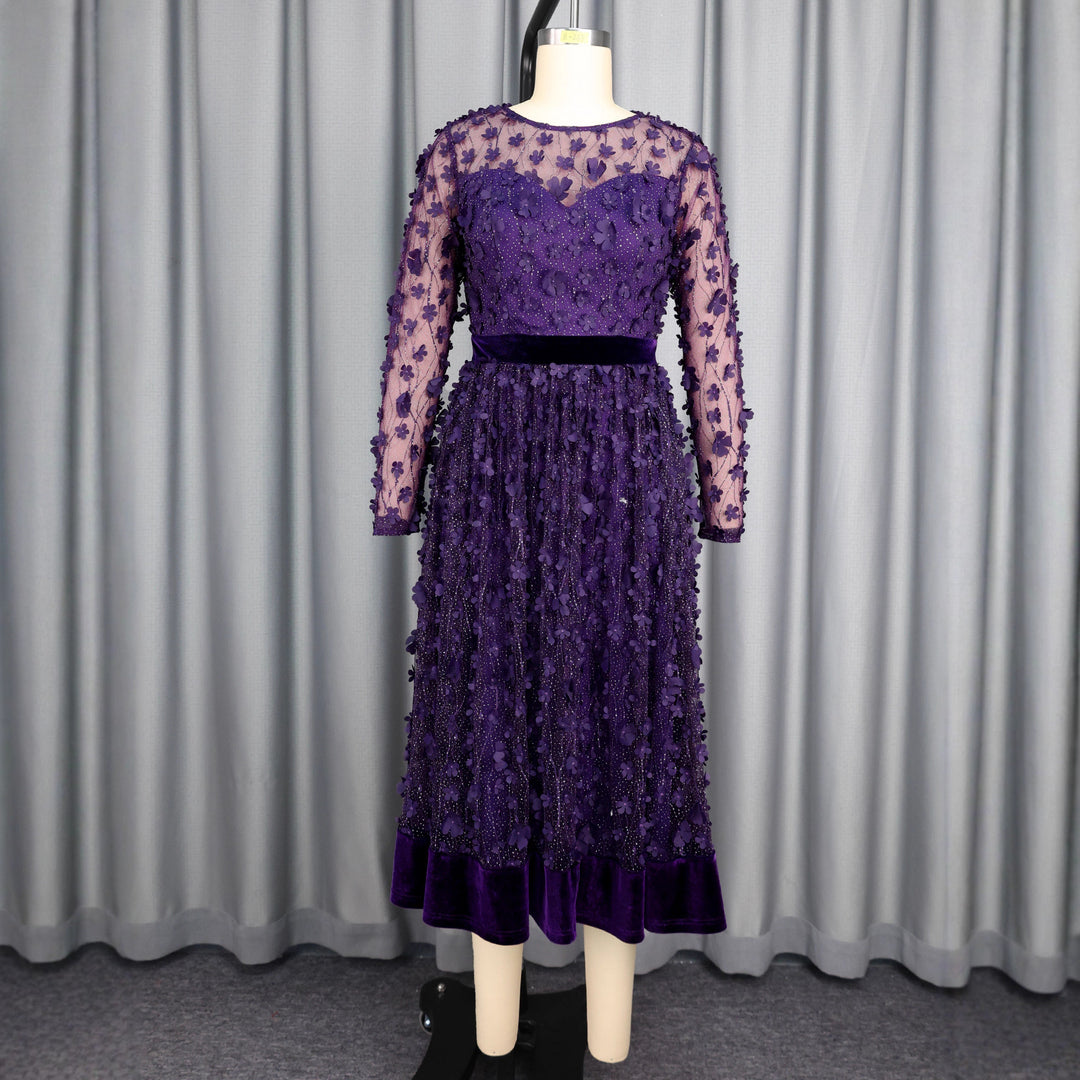 Damen elegantes A-Linien Abendkleid mit floralen Spitzenapplikationen R&B