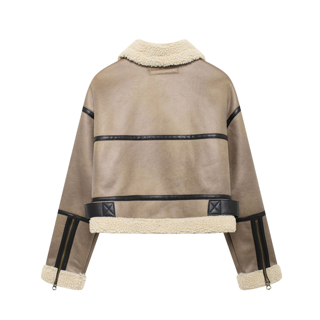 Damen Modische Übergangsjacke aus hochwertigem Kunstleder mit Teddyfell-Kragen und praktischen Taschen R&B