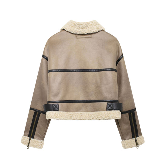 Damen Modische Übergangsjacke aus hochwertigem Kunstleder mit Teddyfell-Kragen und praktischen Taschen R&B