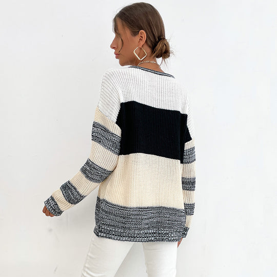 Damen lockerer Strickpullover mit trendigen Blockstreifen und V-Ausschnitt R&B