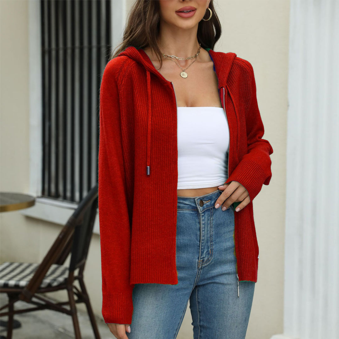 Damen legerer Strickcardigan mit Kapuze und Reißverschluss R&B