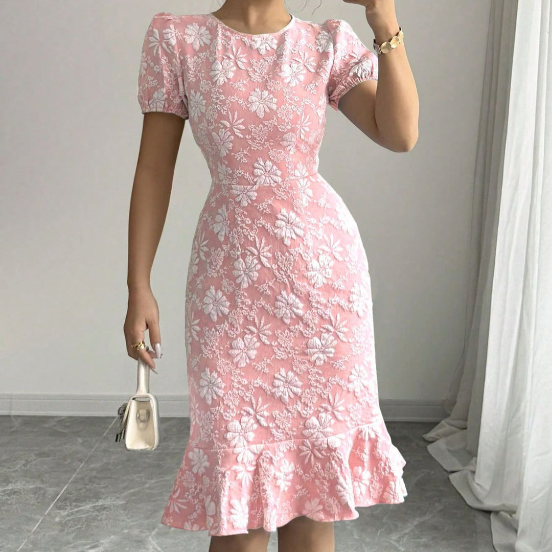 Damen Midi-Kleid mit floralen Applikationen und voluminösen Ärmeln R&B