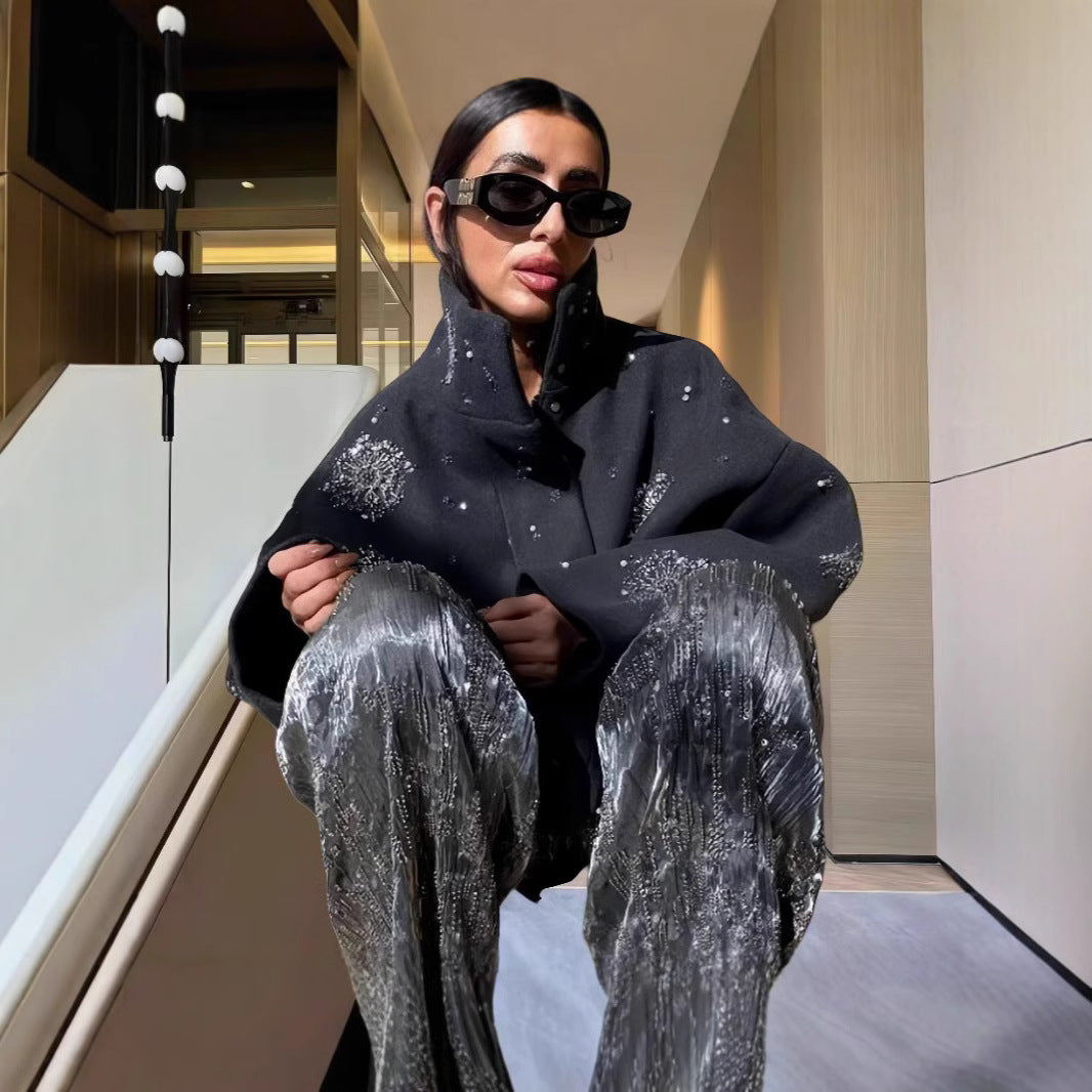 Damen Modische Oversized-Jacke mit funkelnden Applikationen R&B