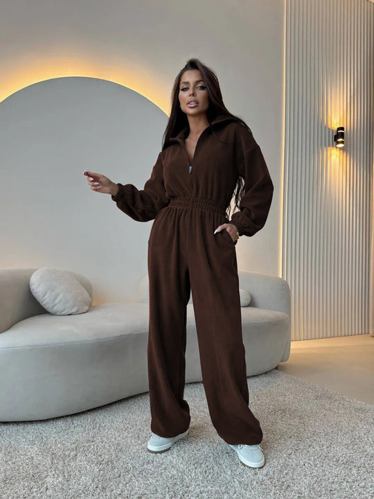 Damen eleganter Jumpsuit mit kurzem Reißverschluss und elastischem Bund R&B