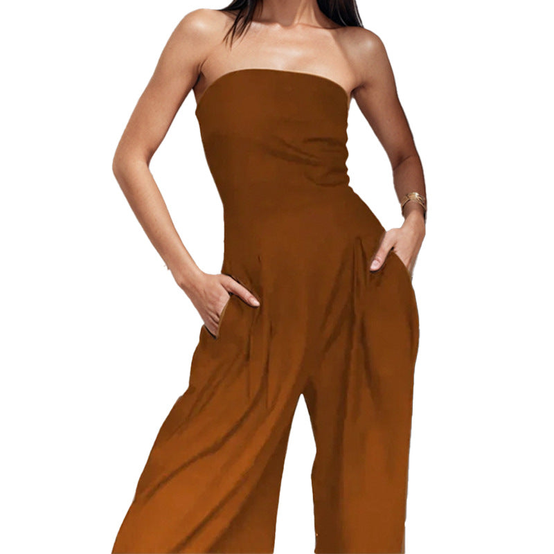 Damen elegantes Maxi-Jumpsuit mit schulterfreiem Design und praktischen Seitentaschen R&B