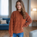 Damen Grobstrickpullover mit romantischem Zopfmuster und weit geschnittenen Ärmeln R&B