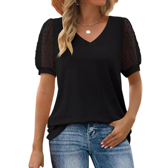 Damen V-Ausschnitt T-Shirt mit Puffärmeln R&B