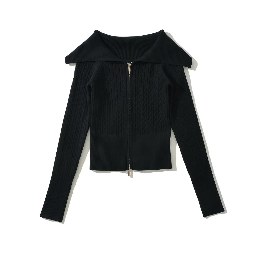Damen modische Strickjacke mit weitem Kragen und Reißverschluss R&B