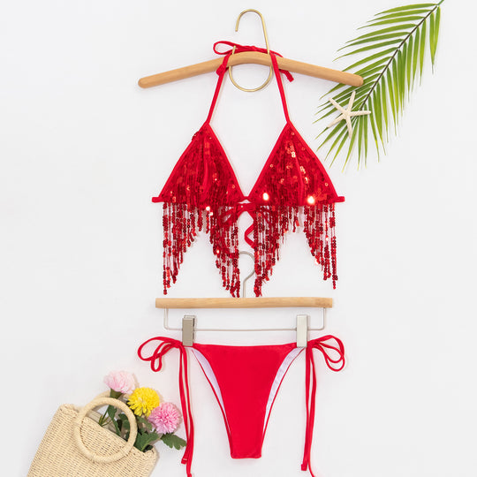 Damen Bikini-Set mit glitzernden Pailletten und verspielten Bindebändern R&B