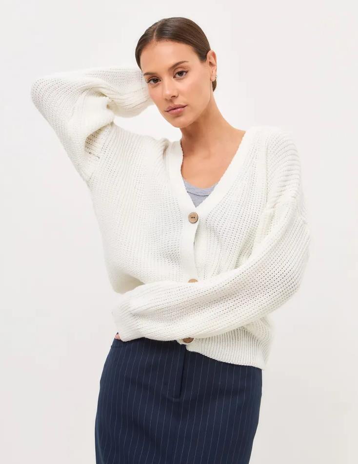 Damen lässiger Strickjacke mit voluminösen Ärmeln und modernen Knopfdetails R&B