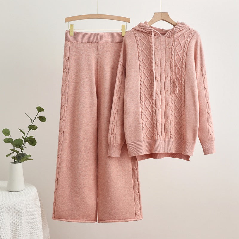 Damen lässiges Strick-Loungewear-Set mit Kapuze und breiten Beinen R&B
