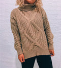 Damen Grobstrickpullover mit modischem Zopfmuster und hohem Kragen R&B