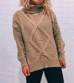 Damen Grobstrickpullover mit modischem Zopfmuster und hohem Kragen R&B